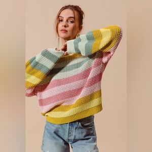 SO ME Multi Color Stripe Open Weave Light Sweater